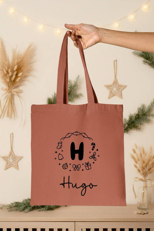 Tote Bag Noël Personnalisé Initiale Prénom | Sac Courses Couronne Motifs Festifs Coton | Cadeau Noël Réutilisable | 7 Couleurs