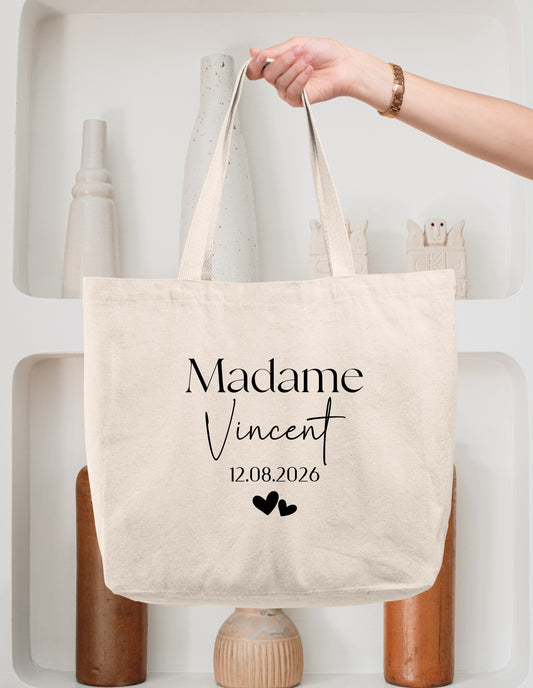 Cabas coton mariage personnalisé "Monsieur/Madame" nom & date – Cadeau mariage – Sac shopping – Souvenir