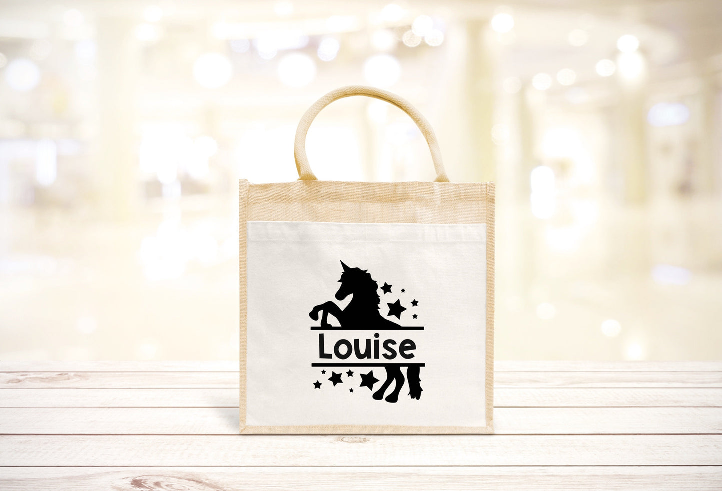 Sac Cabas toile et jute enfant personnalisé, Cadeau enfant prénom, Cadeau anniversaire enfant, Sac licorne