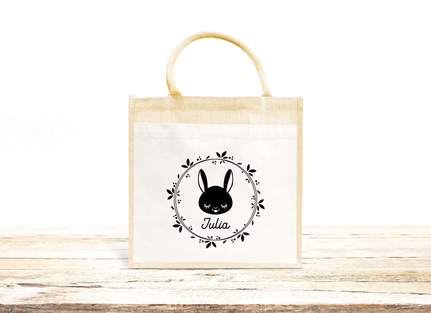 Sac Cabas toile et jute enfant personnalisé, Cadeau enfant prénom, Cadeau anniversaire enfant, Sac enfant lapin