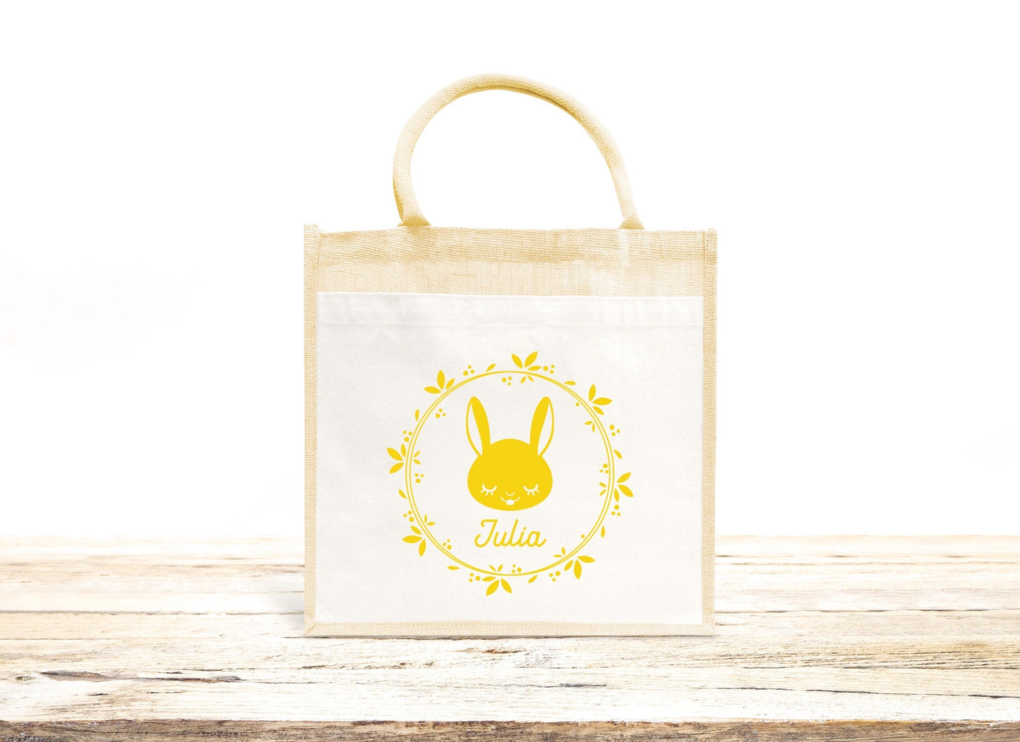 Sac Cabas toile et jute enfant personnalisé, Cadeau enfant prénom, Cadeau anniversaire enfant, Sac enfant lapin