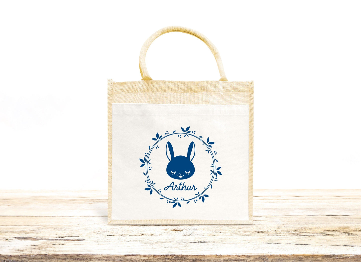 Sac Cabas toile et jute enfant personnalisé, Cadeau enfant prénom, Cadeau anniversaire enfant, Sac enfant lapin