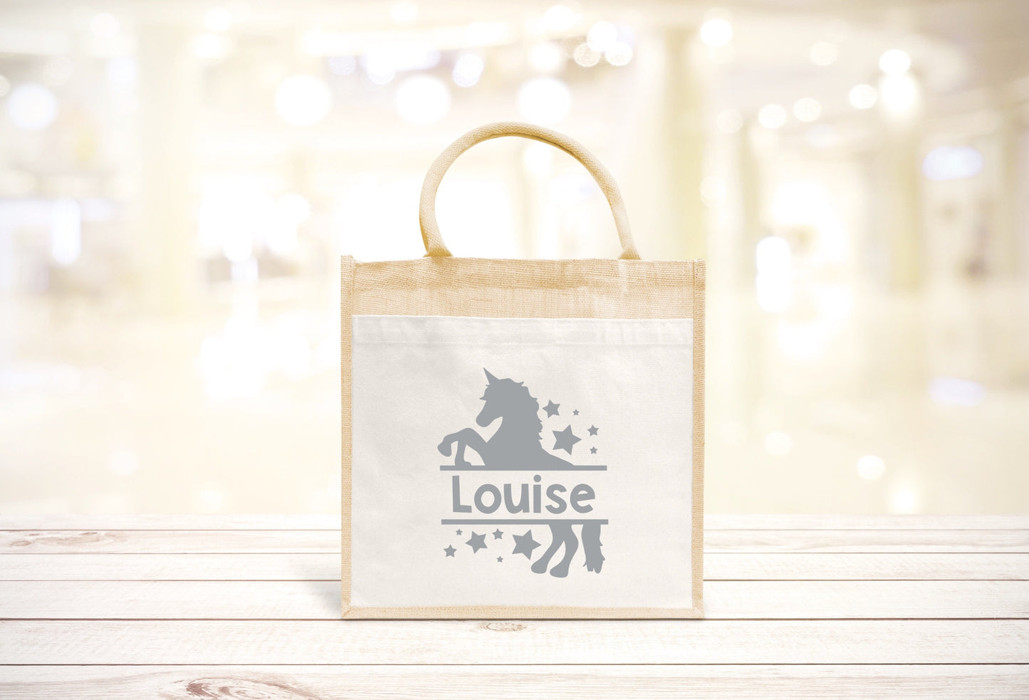 Sac Cabas toile et jute enfant personnalisé, Cadeau enfant prénom, Cadeau anniversaire enfant, Sac licorne