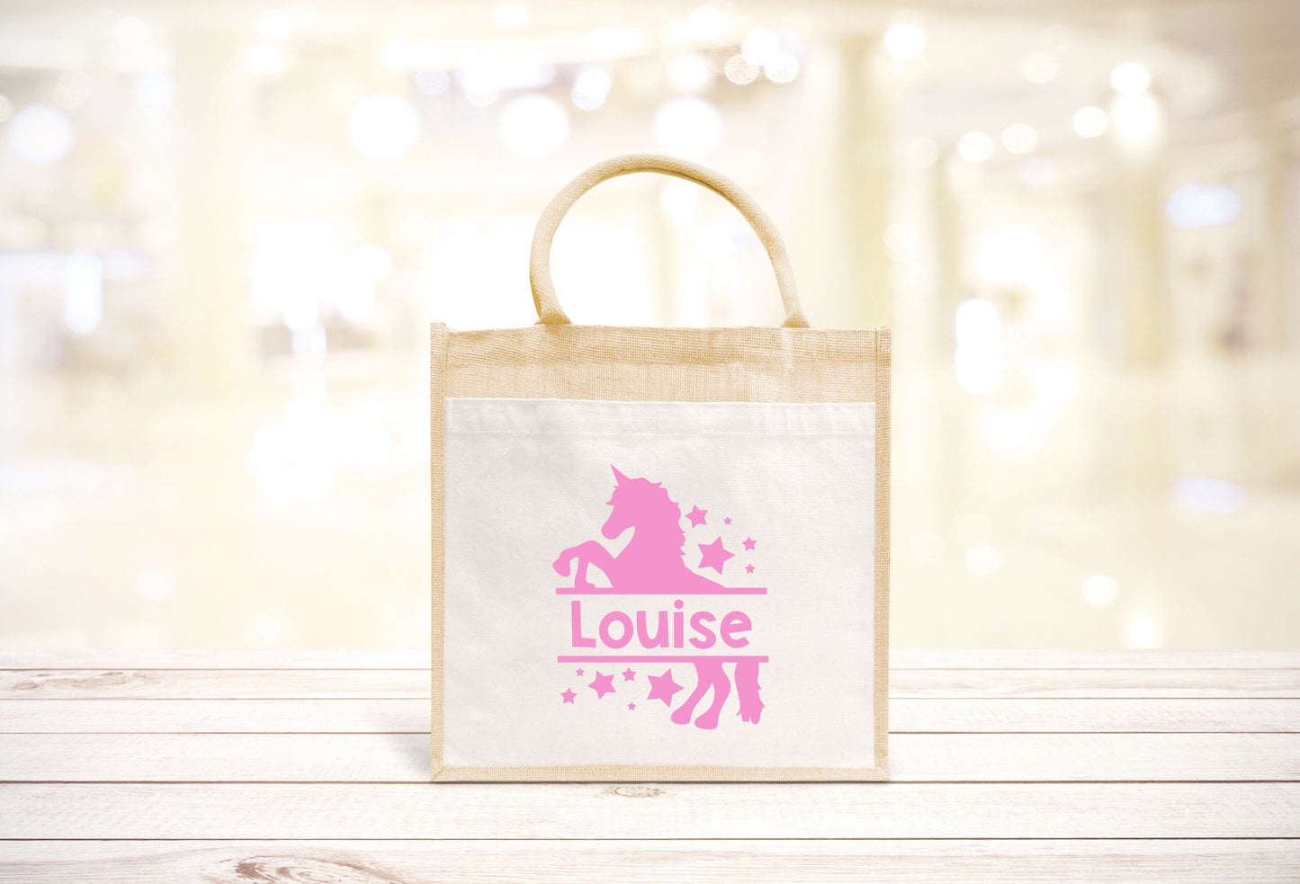 Sac Cabas toile et jute enfant personnalisé, Cadeau enfant prénom, Cadeau anniversaire enfant, Sac licorne