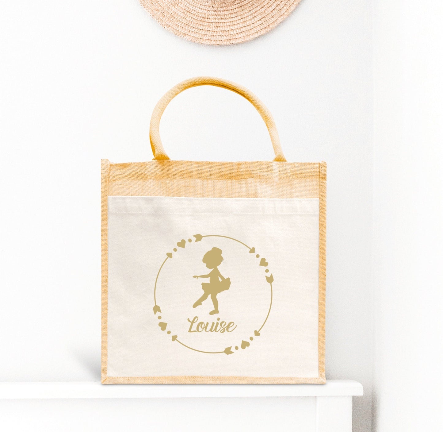 Sac Cabas toile et jute enfant personnalisé, Cadeau enfant prénom, Cadeau anniversaire fille, Sac enfant ballerine