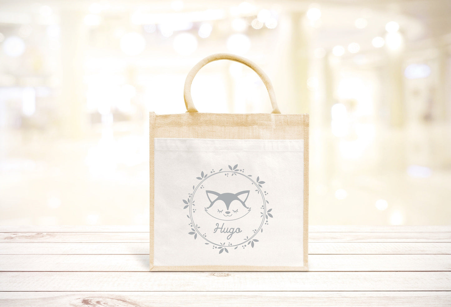 Sac Cabas toile et jute enfant personnalisé, Cadeau enfant prénom, Cadeau anniversaire enfant, Sac enfant renard