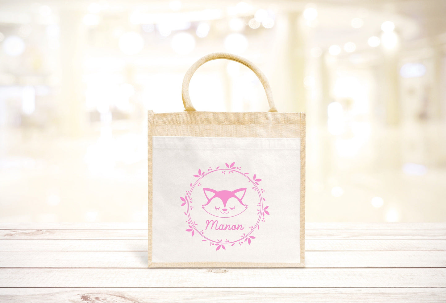 Sac Cabas toile et jute enfant personnalisé, Cadeau enfant prénom, Cadeau anniversaire enfant, Sac enfant renard