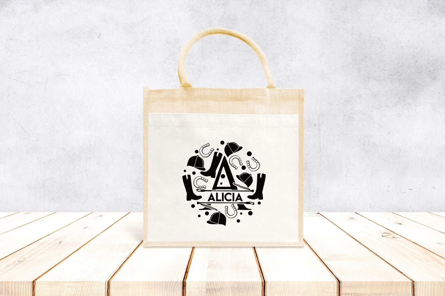 Sac Cabas toile et jute enfant personnalisé, Cadeau enfant prénom, Cadeau anniversaire enfant, Sac équitation