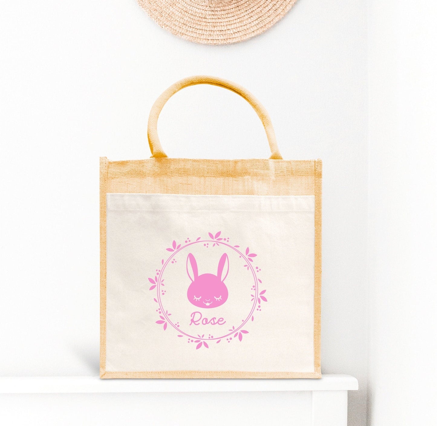 Sac Cabas toile et jute enfant personnalisé, Cadeau enfant prénom, Cadeau anniversaire enfant, Sac enfant lapin