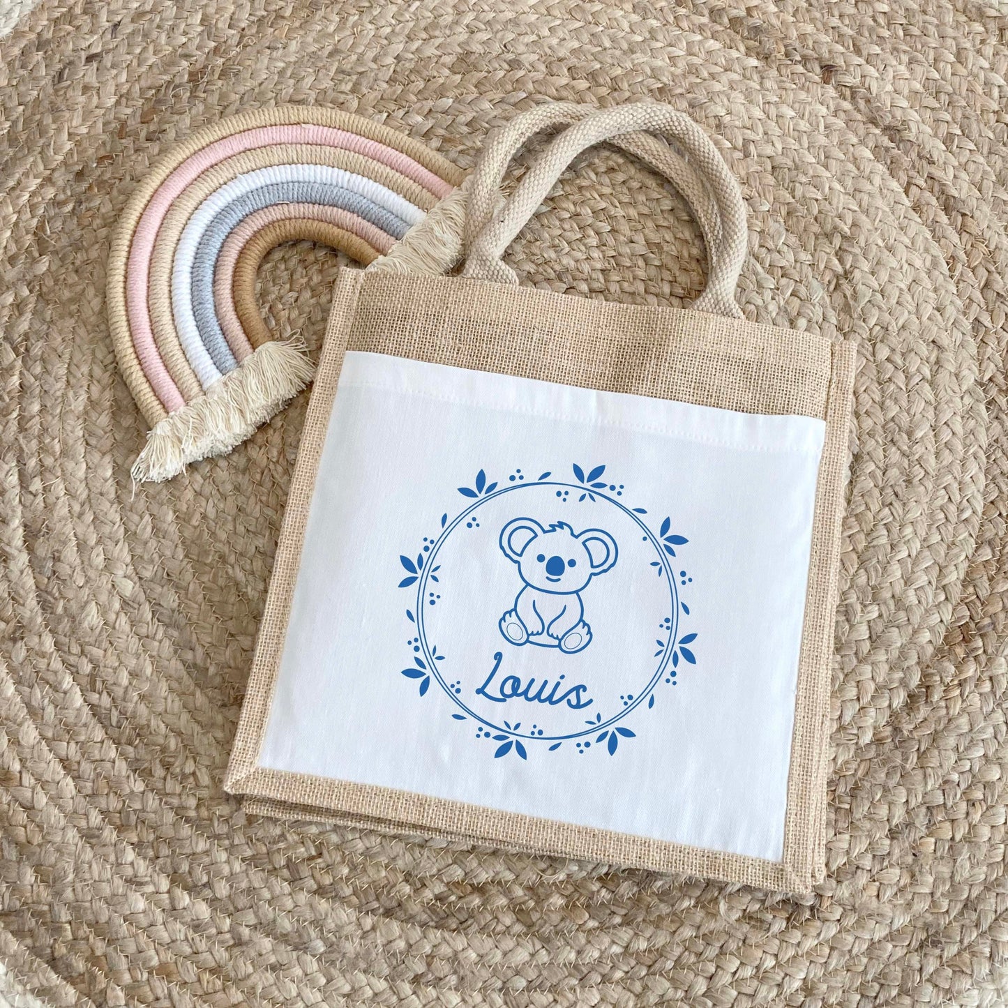 Sac Cabas toile et jute enfant personnalisé, Cadeau enfant prénom, Cadeau anniversaire enfant, Sac koala
