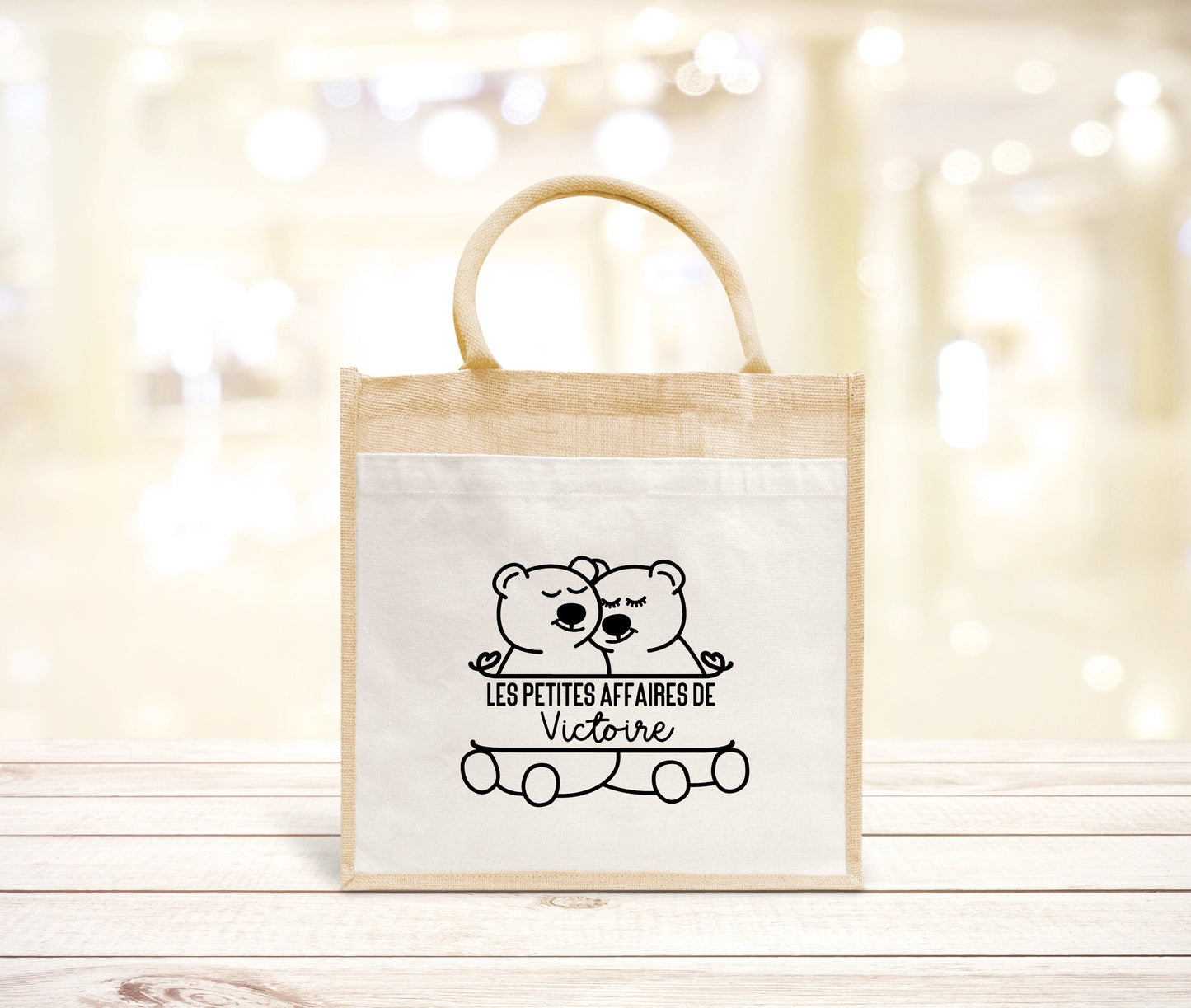 Sac Cabas toile et jute enfant personnalisé, Cadeau enfant prénom, Cadeau anniversaire enfant, Sac enfant ourson