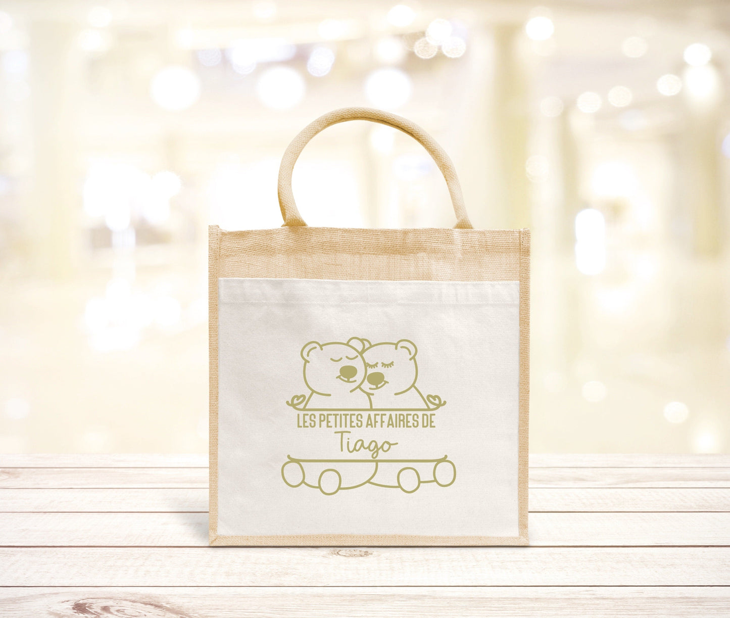 Sac Cabas toile et jute enfant personnalisé, Cadeau enfant prénom, Cadeau anniversaire enfant, Sac enfant ourson