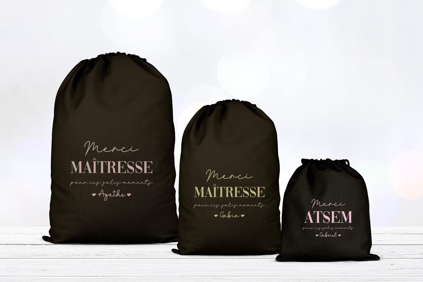 Pochon personnalisé, Sac à cordons, Cadeau nounou, Cadeau maîtresse, Prénom enfant