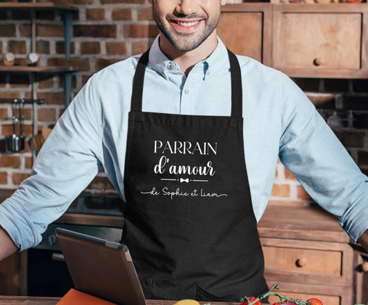 Tablier Parrain d'Amour Personnalisé, Prénoms Filleuls, Cadeau cuisine, Annonce Parrain