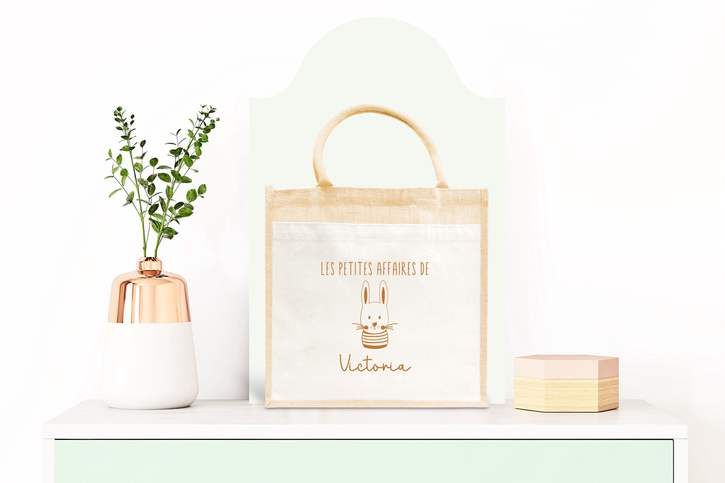 Sac Cabas toile et jute enfant personnalisé, Cadeau enfant prénom, Cadeau anniversaire enfant, Sac lapin