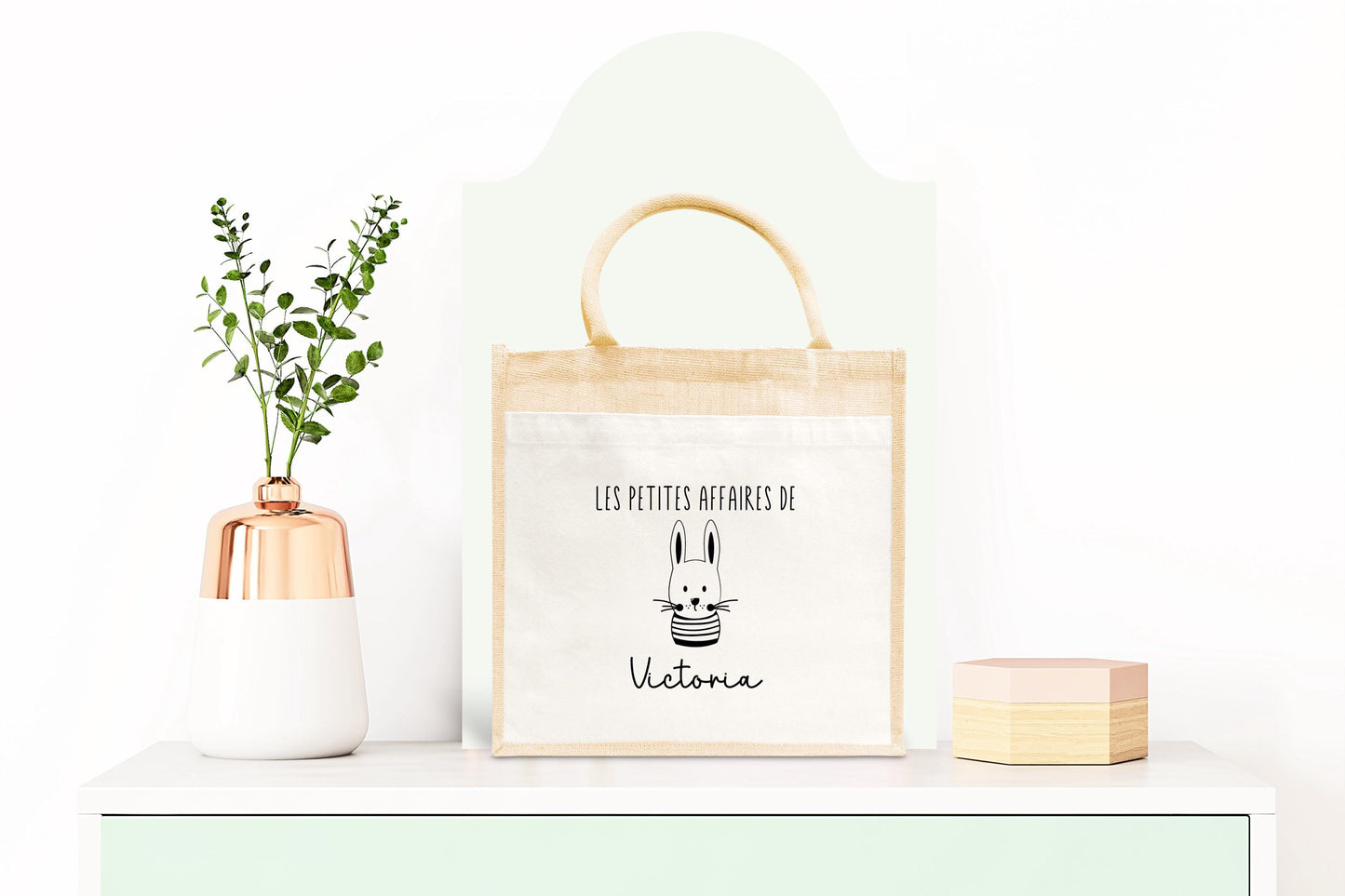 Sac Cabas toile et jute enfant personnalisé, Cadeau enfant prénom, Cadeau anniversaire enfant, Sac lapin