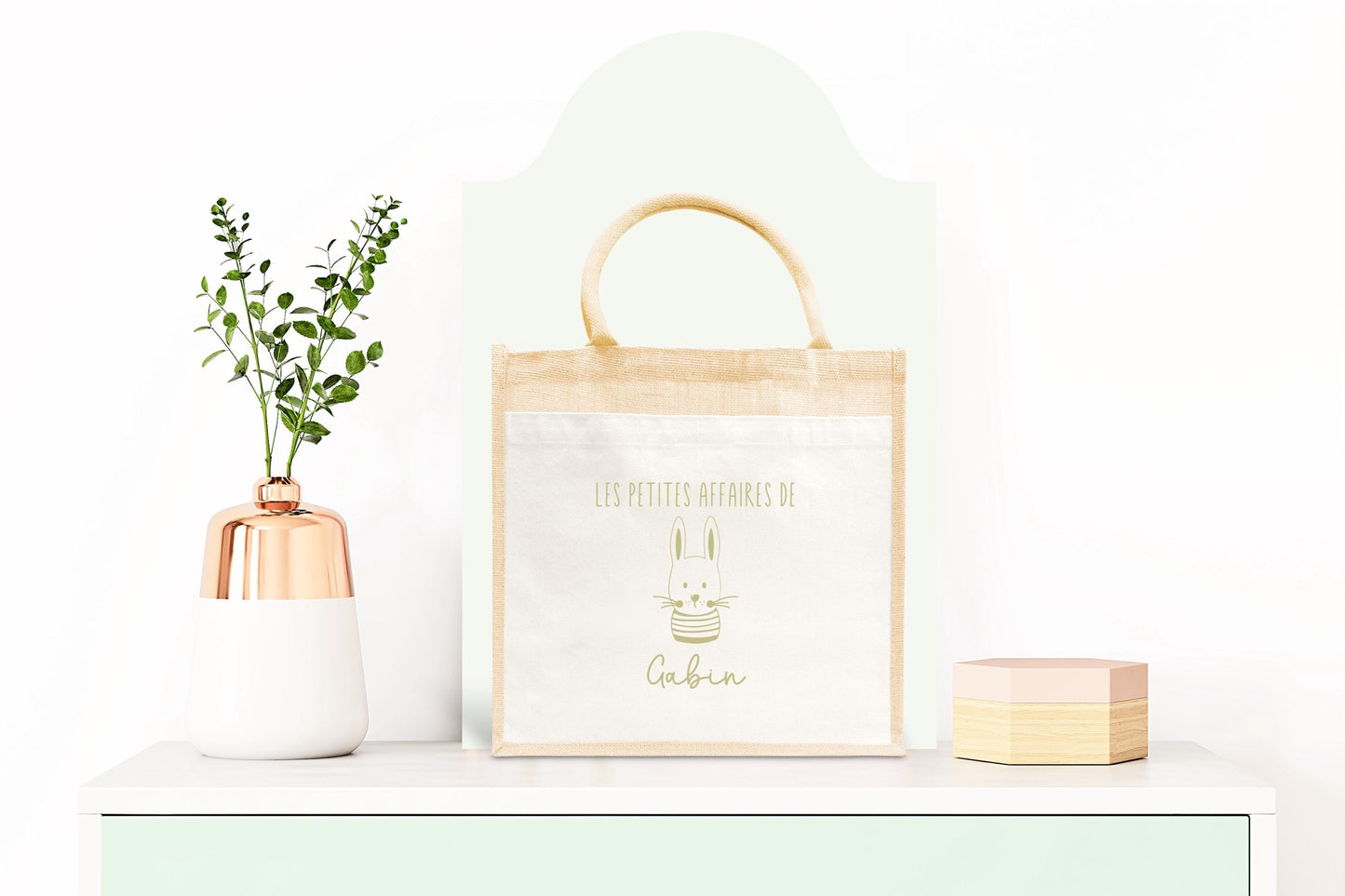 Sac Cabas toile et jute enfant personnalisé, Cadeau enfant prénom, Cadeau anniversaire enfant, Sac lapin