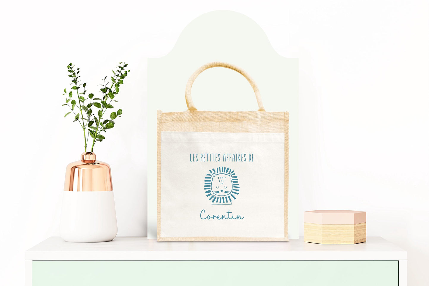 Sac Cabas toile et jute enfant personnalisé, Cadeau enfant prénom, Cadeau anniversaire enfant, Sac lion