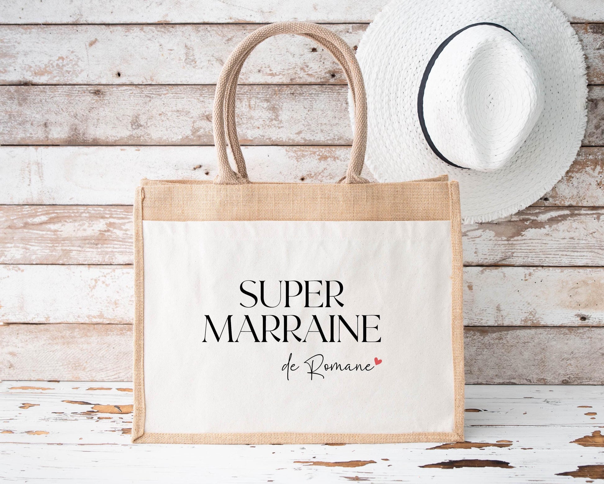 Sac en jute et coton personnalisé, Super Marraine, Sac cabas personnalisé, Sac personnalisé, Cadeau Marraine