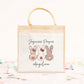 Cabas Pâques personnalisé motif lapin et arc-en-ciel, grand sac chasse aux œufs en jute naturel enfant - Collection Pâques 2025 Mahelia Design