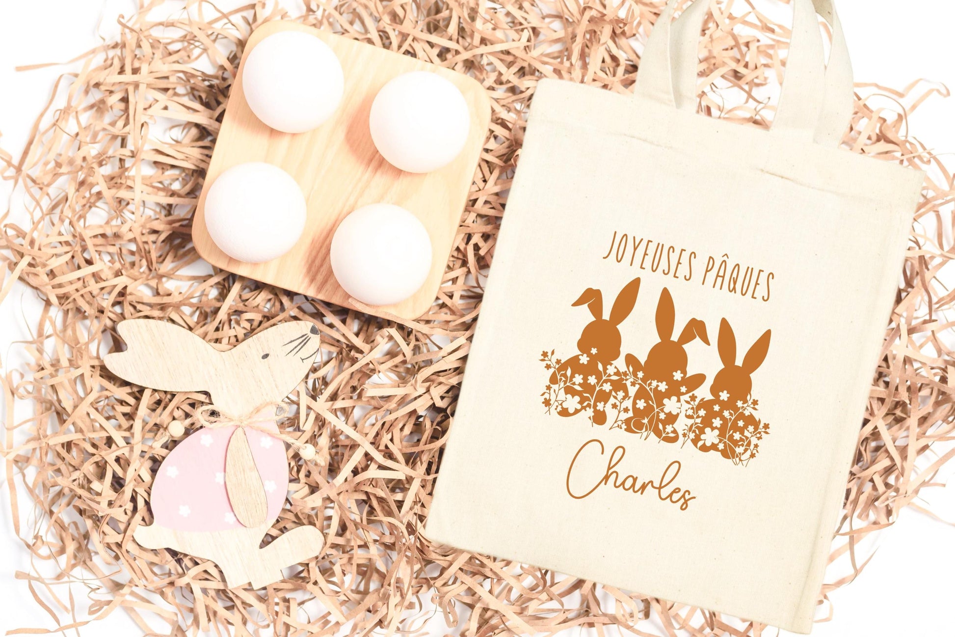 Tote bag Pâques personnalisé lapin et étoiles, sac chasse aux œufs en jute naturel avec prénom - Collection Pâques 2025 Mahelia Design