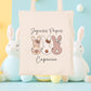Tote bag Pâques personnalisé motif lapin et arc-en-ciel, sac chasse aux œufs en jute naturel avec prénom - Collection Pâques 2025 Mahelia Design