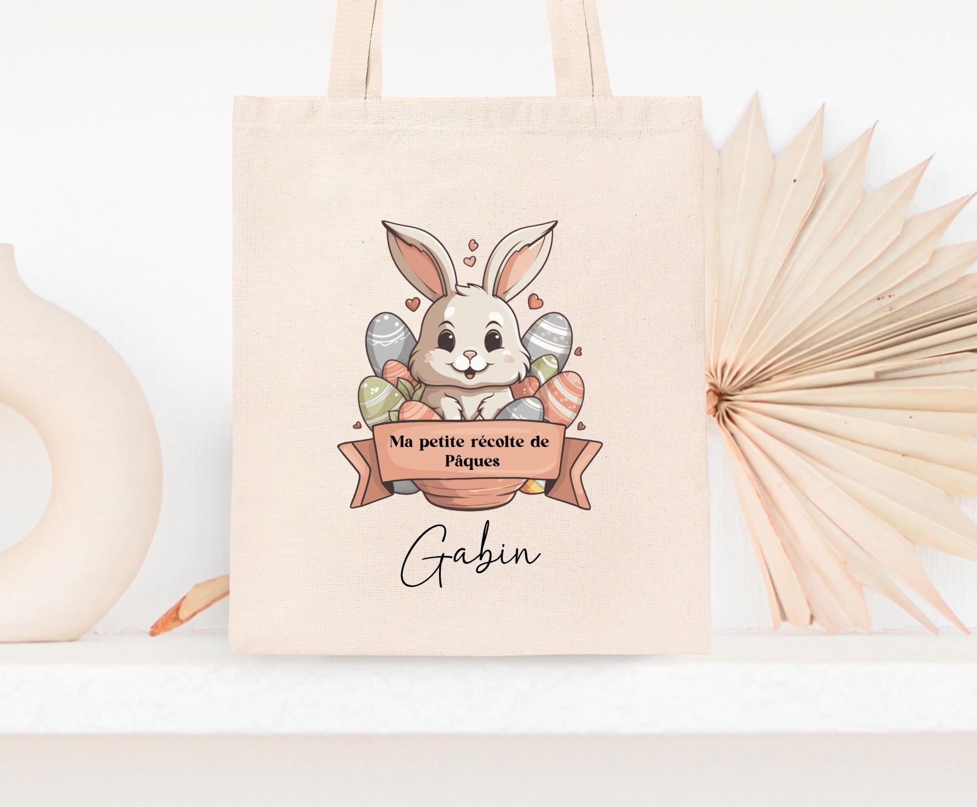 Mini tote bag Pâques personnalisé lapin et étoiles dorées, petit sac chasse aux œufs en jute naturel avec prénom - Collection Pâques 2025 Mahelia Design