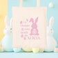Mini tote bag Pâques personnalisé lapins et œufs pastels, petit sac chasse aux œufs en jute naturel avec prénom - Collection Pâques Mahelia Design