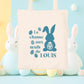 Mini tote bag Pâques personnalisé lapins et œufs pastels, petit sac chasse aux œufs en jute naturel avec prénom - Collection Pâques Mahelia Design