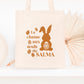 Mini tote bag Pâques personnalisé lapins et œufs pastels, petit sac chasse aux œufs en jute naturel avec prénom - Collection Pâques Mahelia Design