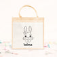 Cabas Pâques personnalisé motif lapin et cœurs, grand sac chasse aux œufs en jute naturel enfant - Collection Pâques Mahelia Design