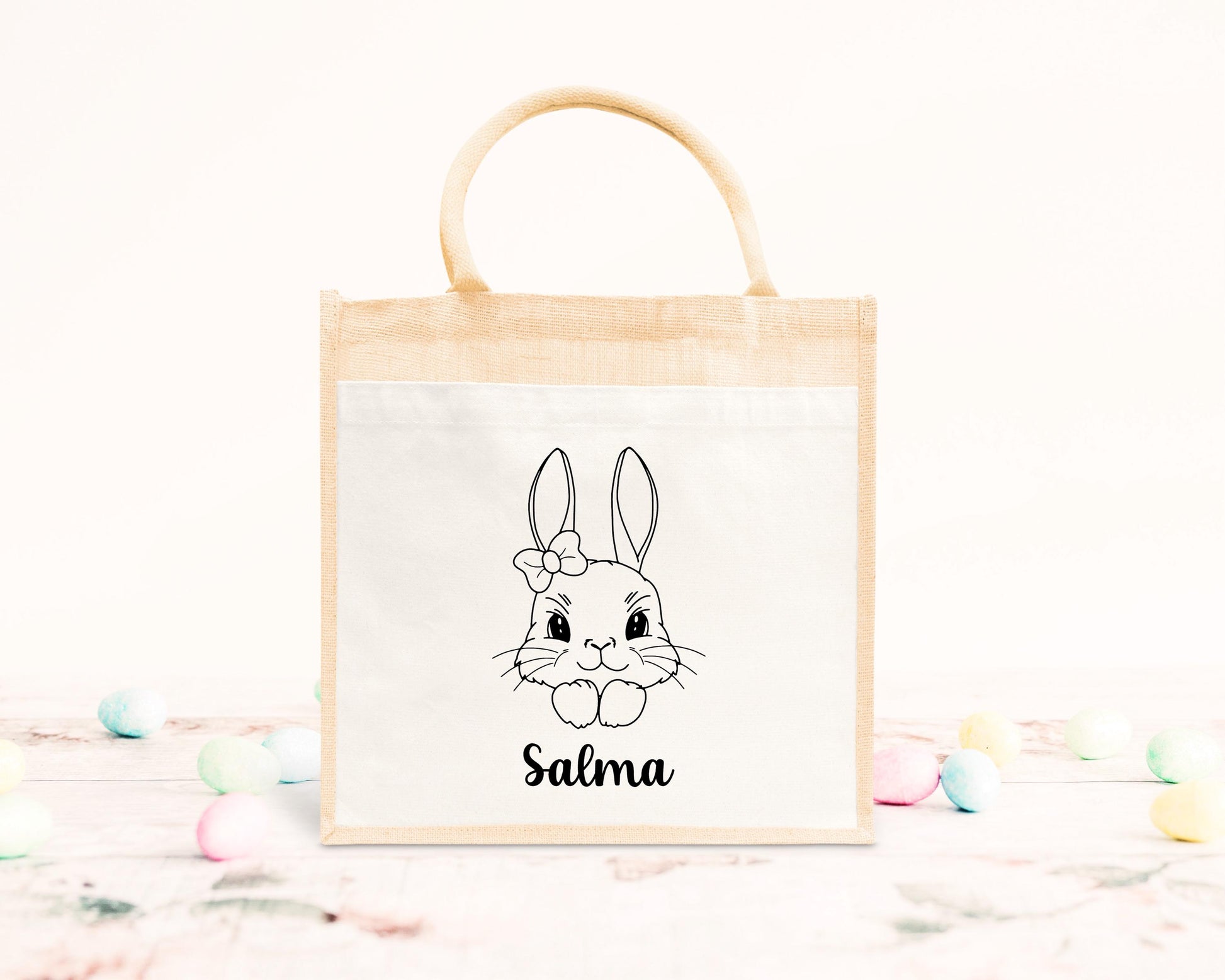 Cabas Pâques personnalisé motif lapin et cœurs, grand sac chasse aux œufs en jute naturel enfant - Collection Pâques Mahelia Design