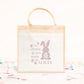 Cabas Pâques personnalisé motif lapins et œufs pastels, grand sac chasse aux œufs en jute naturel enfant - Collection Pâques Mahelia Design