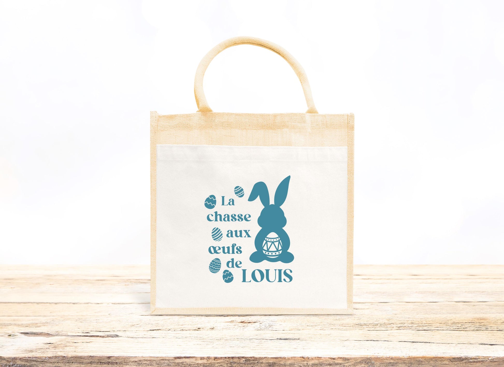 Cabas Pâques personnalisé motif lapins et œufs pastels, grand sac chasse aux œufs en jute naturel enfant - Collection Pâques Mahelia Design