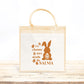 Cabas Pâques personnalisé motif lapins et œufs pastels, grand sac chasse aux œufs en jute naturel enfant - Collection Pâques Mahelia Design