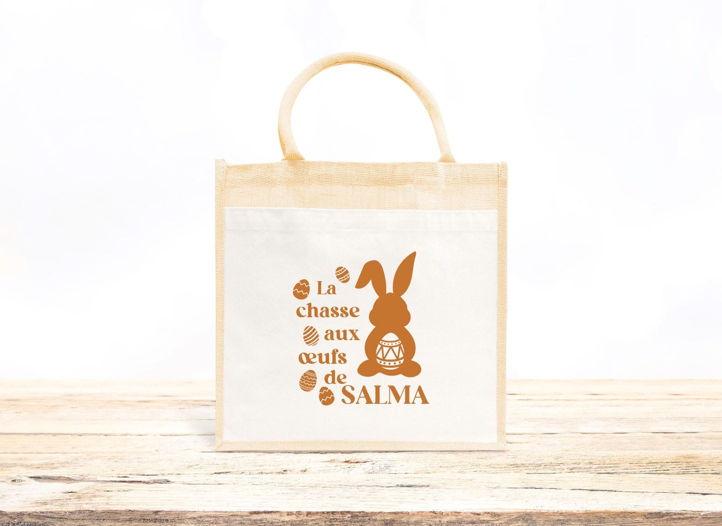 Cabas Pâques personnalisé motif lapins et œufs pastels, grand sac chasse aux œufs en jute naturel enfant - Collection Pâques Mahelia Design