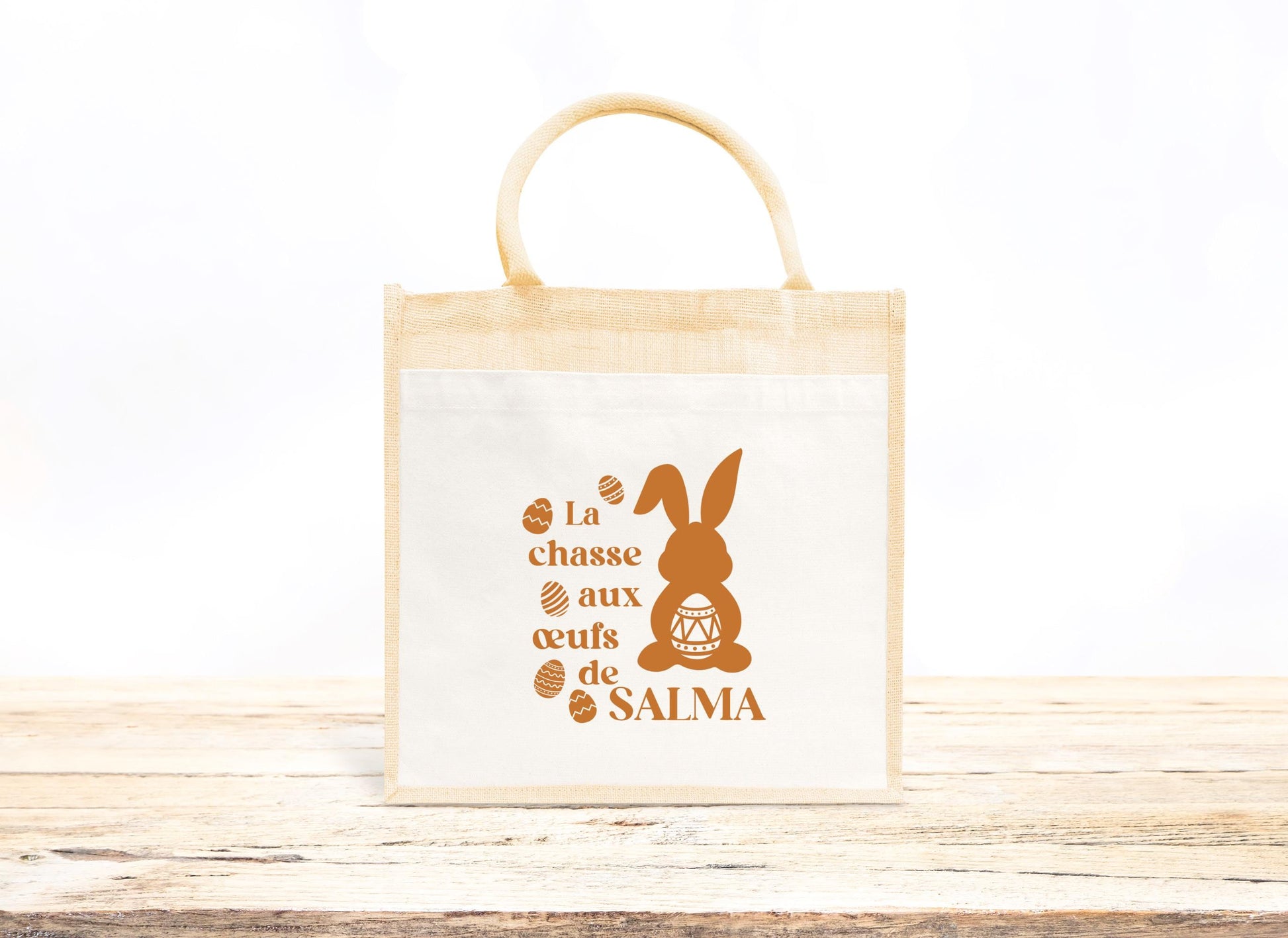 Cabas Pâques personnalisé motif lapins et œufs pastels, grand sac chasse aux œufs en jute naturel enfant - Collection Pâques Mahelia Design
