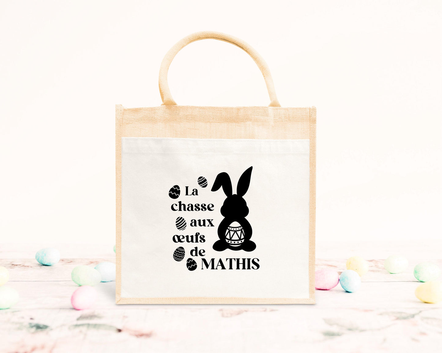 Cabas Pâques personnalisé motif lapins et œufs pastels, grand sac chasse aux œufs en jute naturel enfant - Collection Pâques Mahelia Design