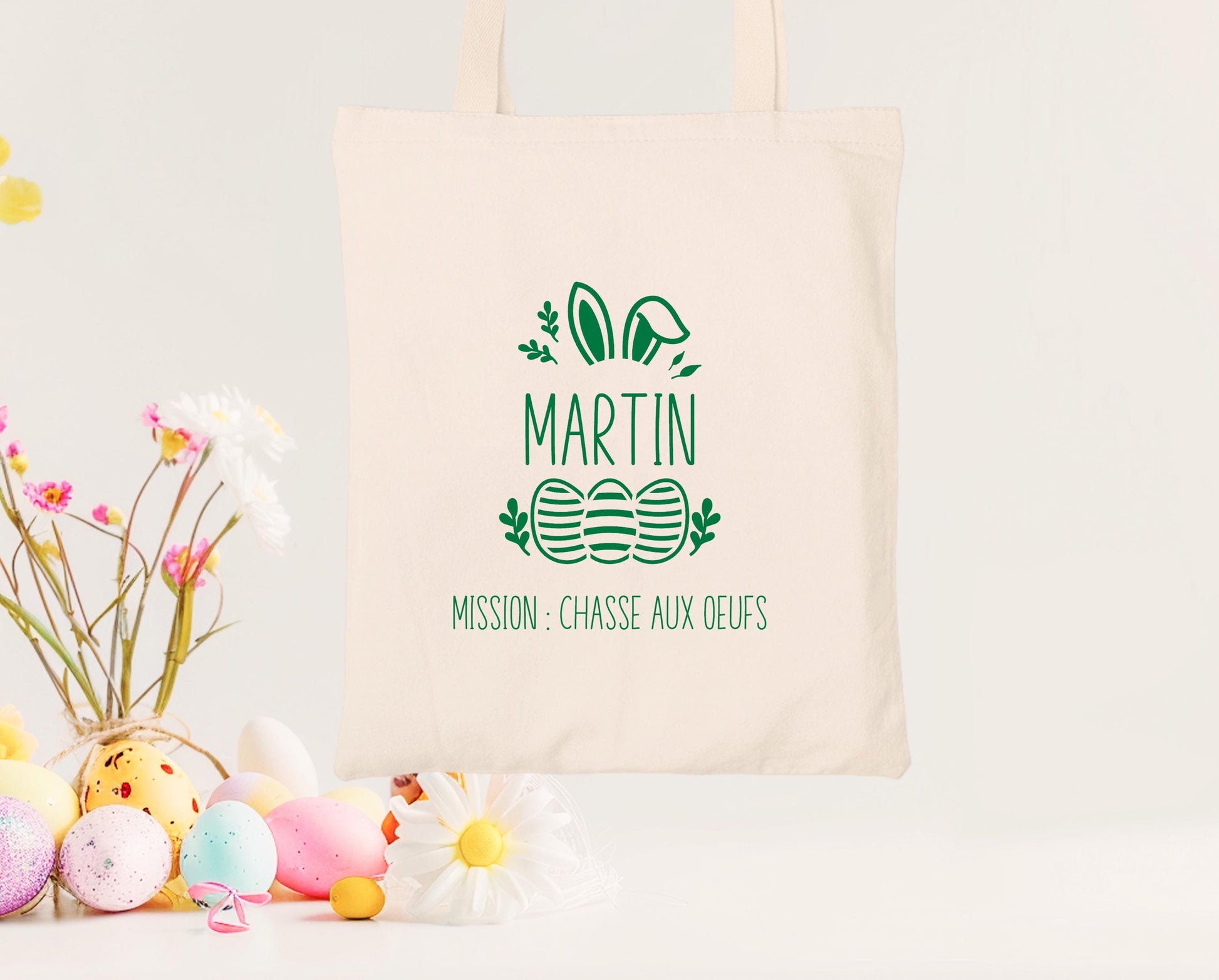 Mini tote bag Pâques personnalisé lapin avec œufs colorés, petit sac chasse aux œufs enfant jute naturel - Collection Pâques Mahelia Design