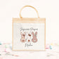 Cabas Pâques personnalisé motif lapin et arc-en-ciel, grand sac chasse aux œufs en jute naturel enfant - Collection Pâques 2025 Mahelia Design