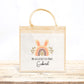 Cabas Pâques personnalisé motif lapin et couronne florale, grand sac chasse aux œufs en jute naturel enfant - Collection Pâques 2025 Mahelia Design