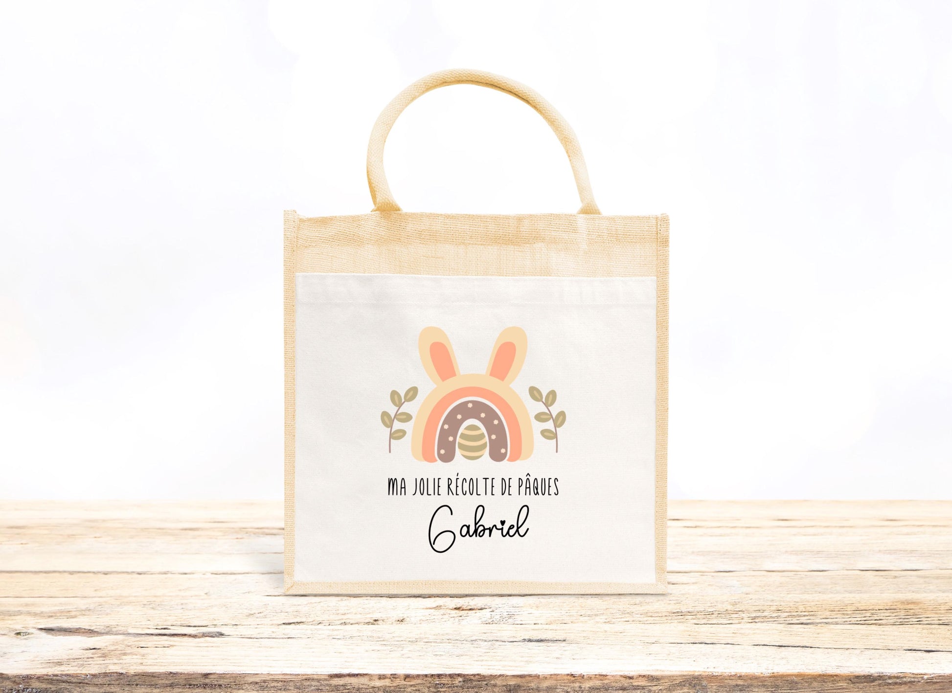Cabas Pâques personnalisé motif lapin et couronne florale, grand sac chasse aux œufs en jute naturel enfant - Collection Pâques 2025 Mahelia Design
