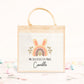 Cabas Pâques personnalisé motif lapin et couronne florale, grand sac chasse aux œufs en jute naturel enfant - Collection Pâques 2025 Mahelia Design