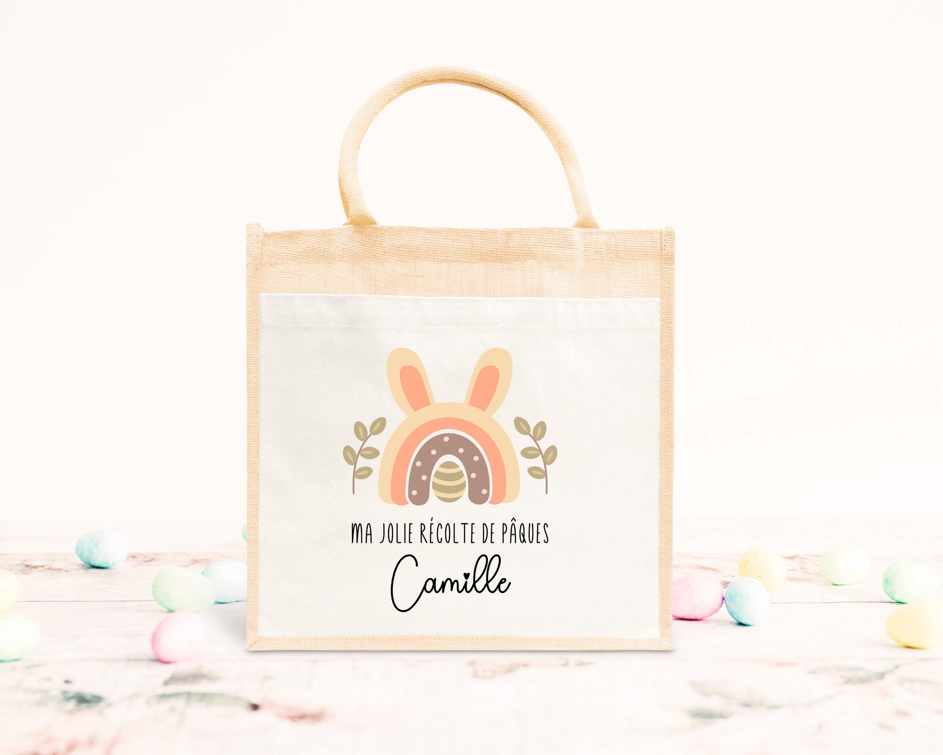 Cabas Pâques personnalisé motif lapin et couronne florale, grand sac chasse aux œufs en jute naturel enfant - Collection Pâques 2025 Mahelia Design