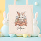 Mini tote bag Pâques personnalisé lapin et étoiles dorées, petit sac chasse aux œufs en jute naturel avec prénom - Collection Pâques 2025 Mahelia Design
