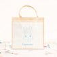 Cabas Pâques personnalisé motif lapin et cœurs, grand sac chasse aux œufs en jute naturel enfant - Collection Pâques Mahelia Design