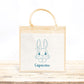 Cabas Pâques personnalisé motif lapin et cœurs, grand sac chasse aux œufs en jute naturel enfant - Collection Pâques Mahelia Design