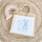 Cabas Pâques personnalisé motif lapins et œufs pastels, grand sac chasse aux œufs en jute naturel enfant - Collection Pâques Mahelia Design
