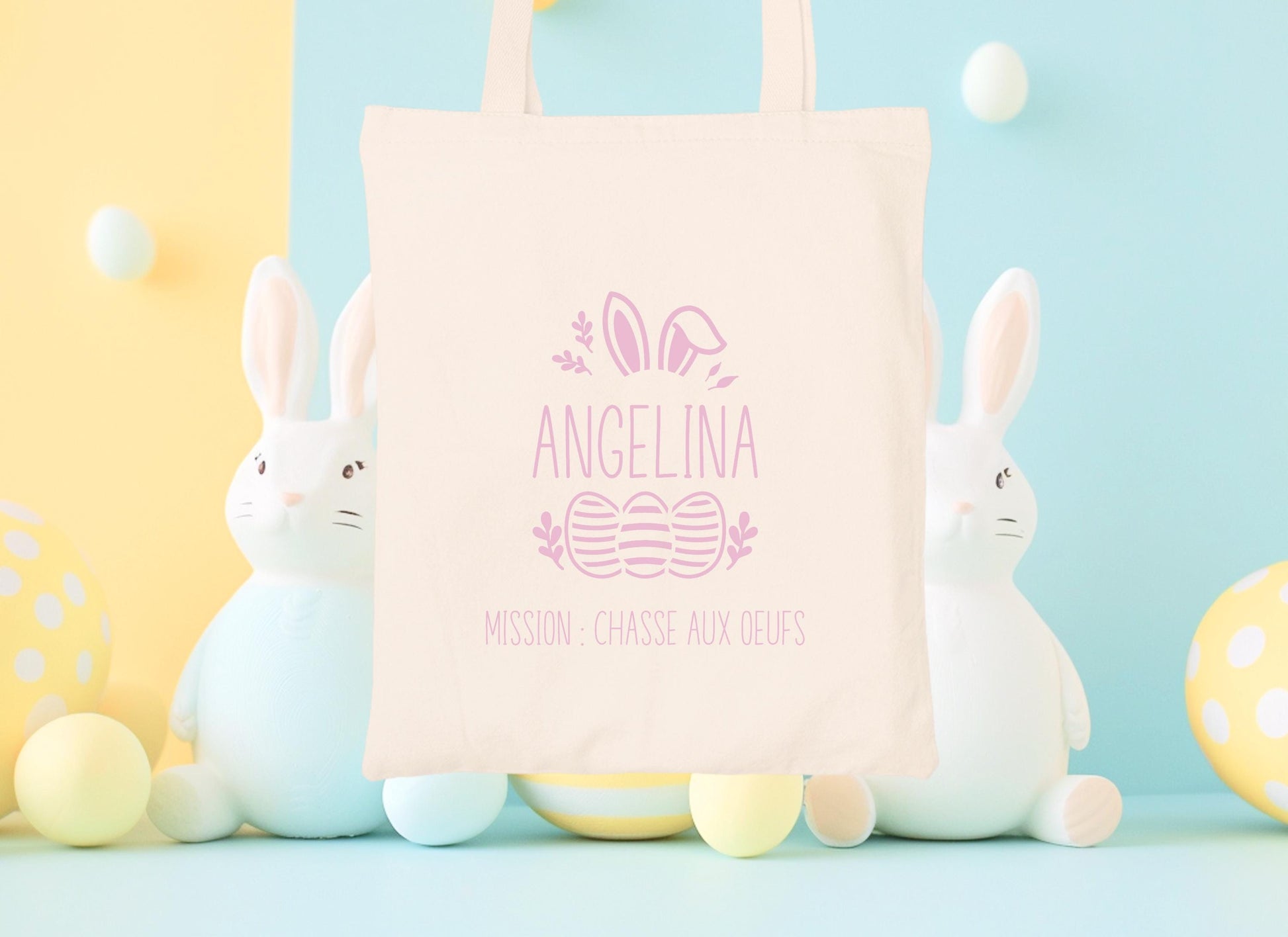 Mini tote bag Pâques personnalisé lapin avec œufs colorés, petit sac chasse aux œufs enfant jute naturel - Collection Pâques Mahelia Design