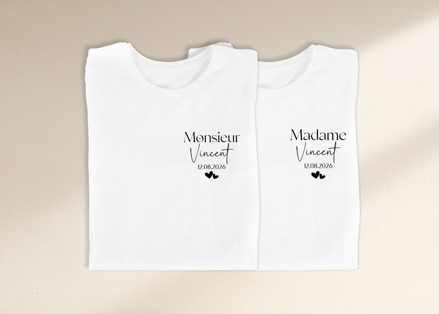 Duo t-shirts couple "Monsieur/Madame" personnalisés nom & date – Cadeau mariage – Tenue mariés – EVJF EVG